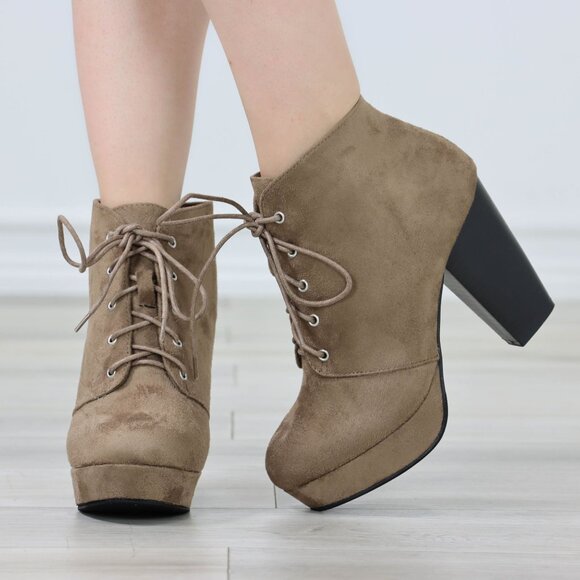 Womens Ankle Boots Lace Up Block Heel Booties Taupe Brown Suede - Picture 5 of 11